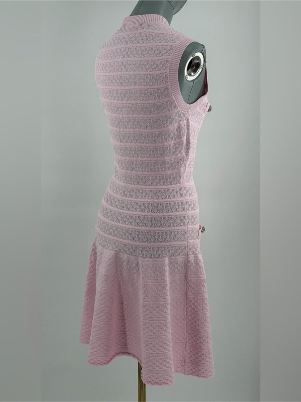 🆕 SELF-PORTRAIT 🧿 NWOT Pink Pointelle Diamante Button Knit Mini Dress, Sz M - Picture 6 of 16